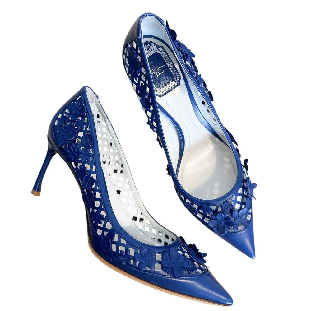 Christian Dior Blue Floral Laser Cutout High Heel Pointed Toe Pumps EU 38.5